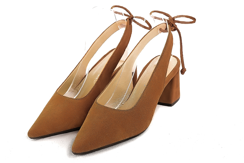 Caramel brown women's slingback shoes. Pointed toe. Medium flare heels. Front view - Florence KOOIJMAN